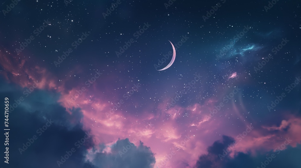 Ethereal Twilight Sky with Crescent Moon and Stars Ethereal Twilight Sky with Crescent Moon and Stars