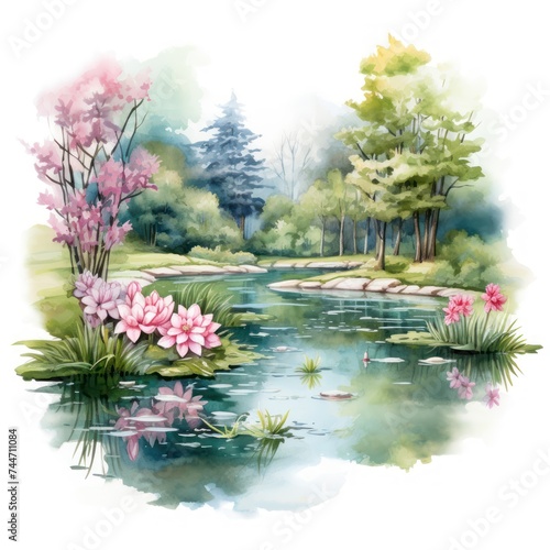 Wallpaper Mural Tranquil Watercolor Spring Garden Clipart with Lush Foliage and Pond Torontodigital.ca