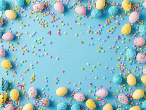 Top view photo of yellow pink blue easter eggs and sprinkles on isolated pastel blue background with blank space in the middle --ar 4:3 --v 6 Job ID: 9283fb14-40d0-4f53-a7d6-065d5e6560b3