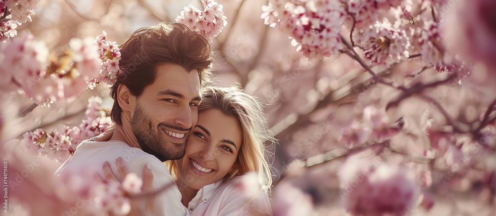Happy, smiling young Couple hugging under tree branches of Cherry blossom. Happy, smiling young Couple hugging under tree branches of Cherry blossom.
