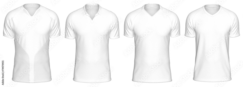 Mockup Template Jersey Football T Shirt Soccer Front Facing View on transparent background cutout with 8 Different Style for artwork graphic design. 3D Rendering. Mockup Template Jersey Football T Shirt Soccer Front Facing View on transparent background cutout with 8 Different Style for artwork graphic design. 3D Rendering.