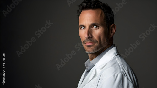 handsome male doctor in his 40s facing forward wearing a doctor’s white coat, professional photography,