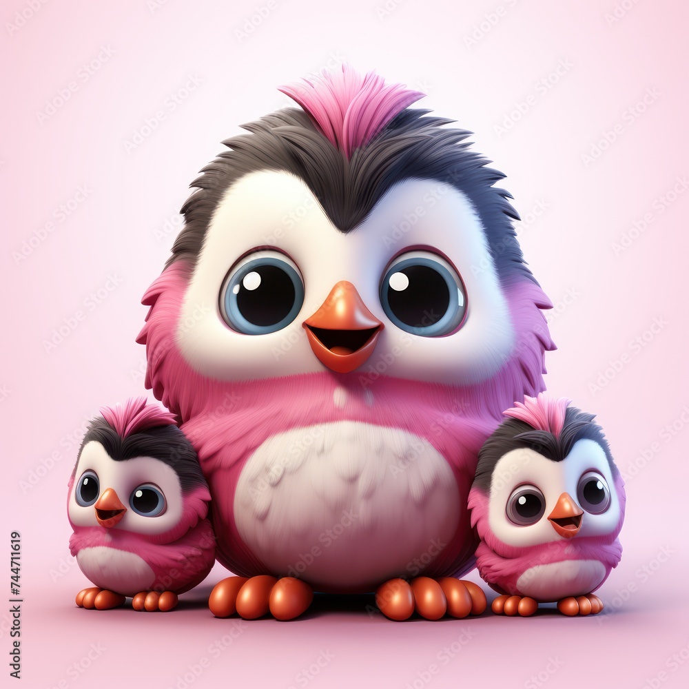 Penguin Family with Pink Hair Bow Cute Clipart on White Background