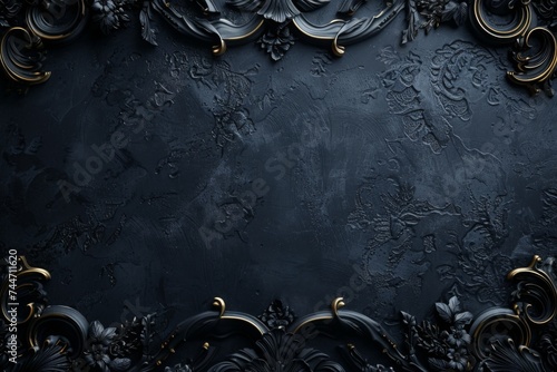 Ornate Black Baroque Texture: Elegant black texture with ornate baroque floral patterns, ideal for sophisticated backdrops