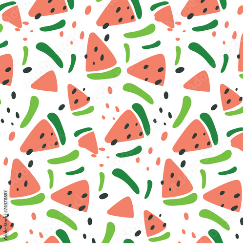 Abstract watermelon pattern with dots and green spots in modern flat style. Vector background. Summer freshness