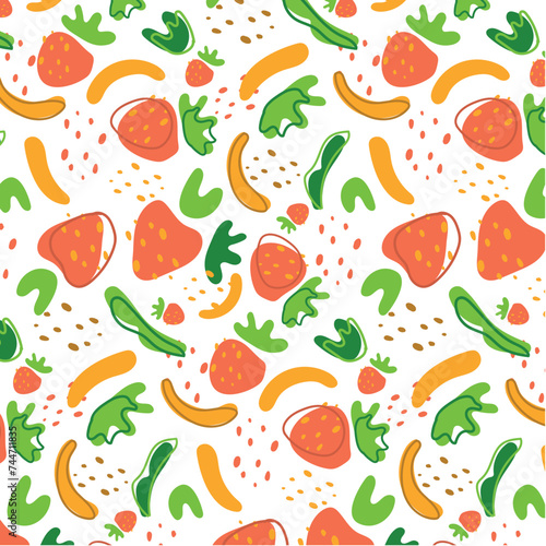 Fototapeta Naklejka Na Ścianę i Meble -  Seamless pattern. Summer time print. Abstract pattern strawberry and banana in flat style. Fresh For vape, juice or ice cream background.