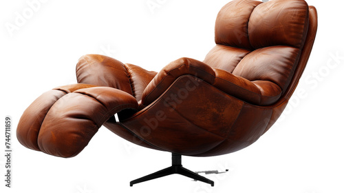 A brown leather chair with a metal base and a footrest on a transparent background. PNG format, This PNG file, with an isolated cutout object on a transparent background. photo