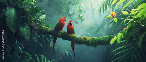 Colorful jungle parrot at tropical deep forest. Illustration with birds.  Generative AI  photo