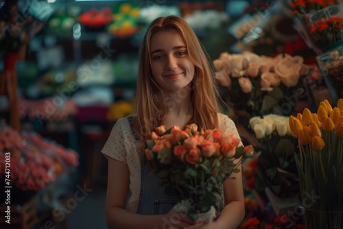 Petals of Pride: A Smiling Beautiful Woman Florist at Her Flower Shop, Radiating Pride in Her Work, Ideal for Botanical Features, Entrepreneur Success Stories, and Women Empowerment Narratives