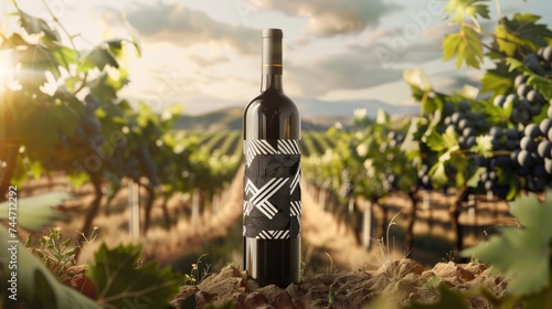 
A wine bottle label where vineyard rows are stylized into geometric shapes, with grapevines curling around them photo