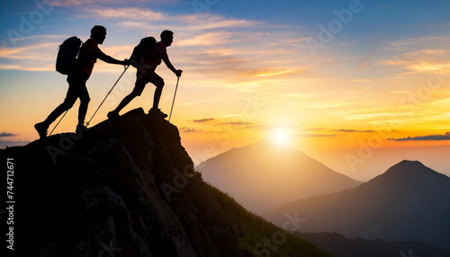Silhouette of hiker aiding friend, ascending mountain at dusk, symbolizing teamwork, support, achievement