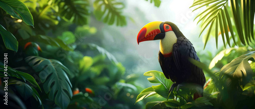 Birds at tropical deep  forest. Jungle wallpaper. Generative AI  © Inai
