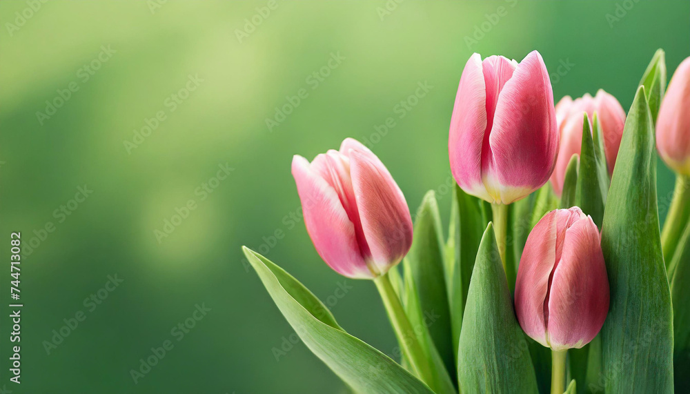 Naklejka premium pink tulip buds with fresh green leaves against blurred clean backdrop