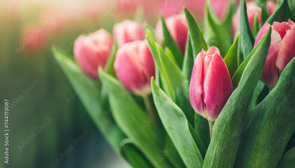 pink tulip buds with fresh green leaves against blurred clean backdrop pink tulip buds with fresh green leaves against blurred clean backdrop