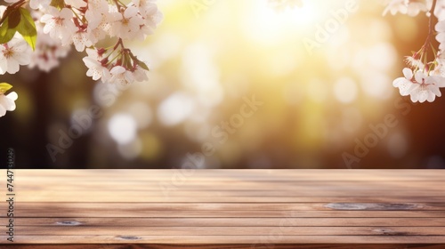 Spring Cherry Blossom Product Display on Wooden Table in Sunny Orchard