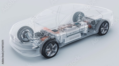 A transparent x-ray illustration of an electric vehicle showcases its complex internal mechanics and battery system.