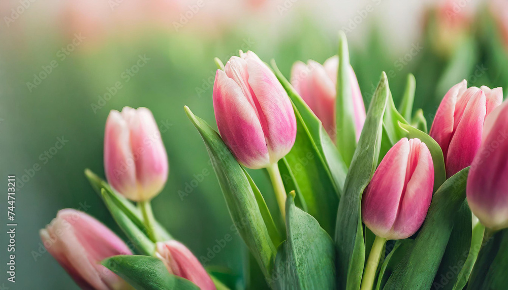 pink tulip buds with fresh green leaves against blurred clean backdrop pink tulip buds with fresh green leaves against blurred clean backdrop