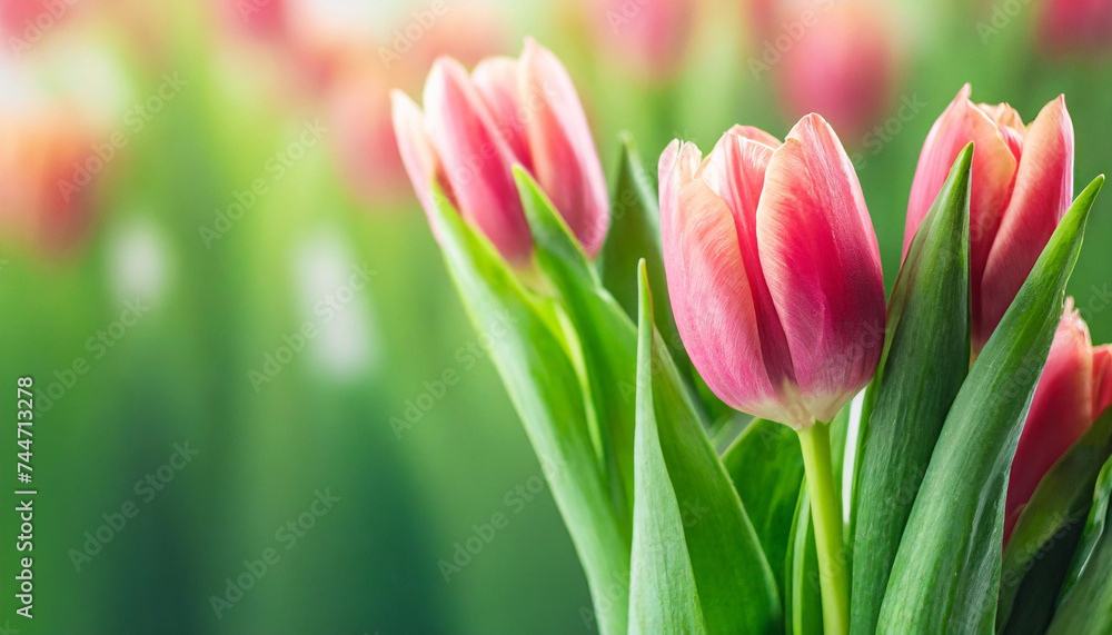 pink tulip buds with fresh green leaves against blurred clean backdrop pink tulip buds with fresh green leaves against blurred clean backdrop