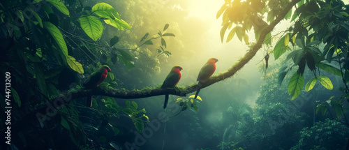 Colorful jungle parrot at tropical deep forest. Illustration with birds.  Generative AI 