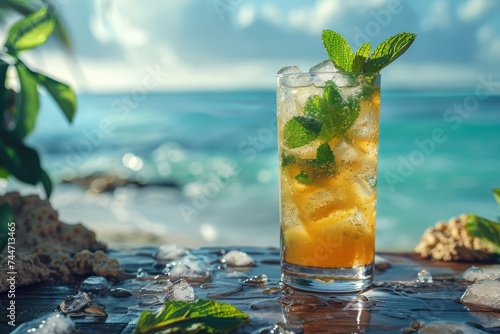 A refreshing summer drink awaits on a rustic table, with a hint of mint and the coolness of ice cubes inviting you to take a sip and relax under the warm sun