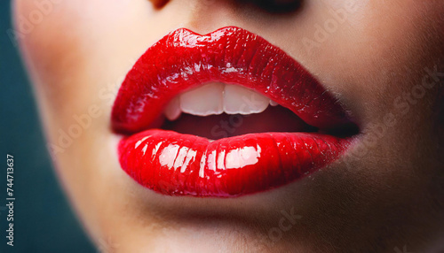 red Caucasian woman s lips gasping for air  intense lighting