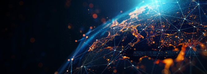 dynamic digital world map emphasize Western Europe continental for AI powered global network  connectivity big data transfer cyber technology network information exchange  telecommunication concept.