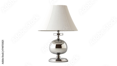 A silver metal lamp with a white shade and a switch on a transparent background. PNG format, This PNG file, with an isolated cutout object on a transparent background. © Adnan's Stock 