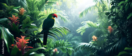 Colorful jungle parrot at tropical deep forest. Illustration with birds.  Generative AI  © Inai