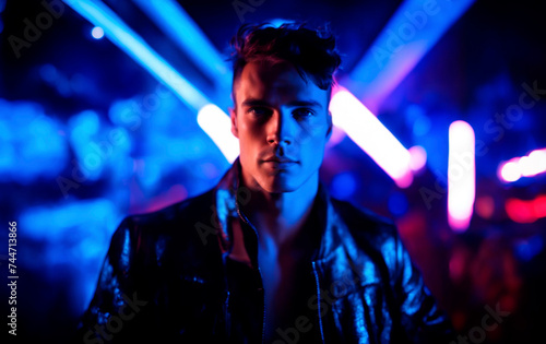 A brutal, handsome man against a background of neon lights and glare.