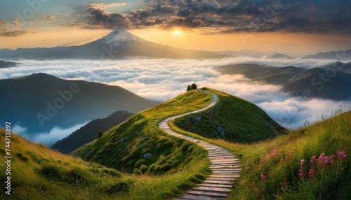 winding path through clouds leads to a soft, bright light in the distance, symbolizing hope and optimism