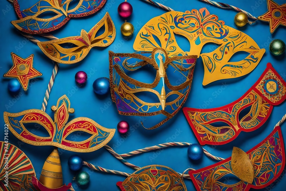 traditional thai mask, Immerse yourself in the festive spirit of Purim with a vibrant postcard featuring carnival masks and traditional Jewish items, set against an abstract background