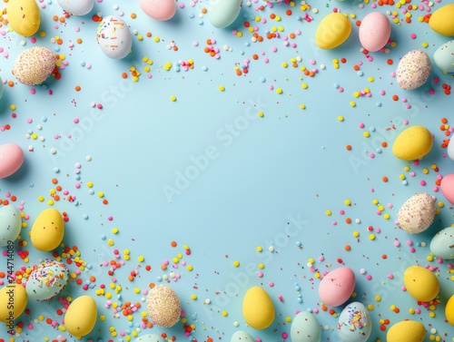 Top view photo of yellow pink blue easter eggs and sprinkles on isolated pastel blue background with blank space in the middle