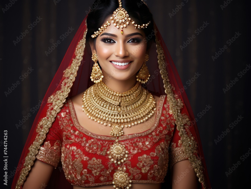 Beautiful Indian Bride in Intricate Bridal Dress and Adorned Jewelry