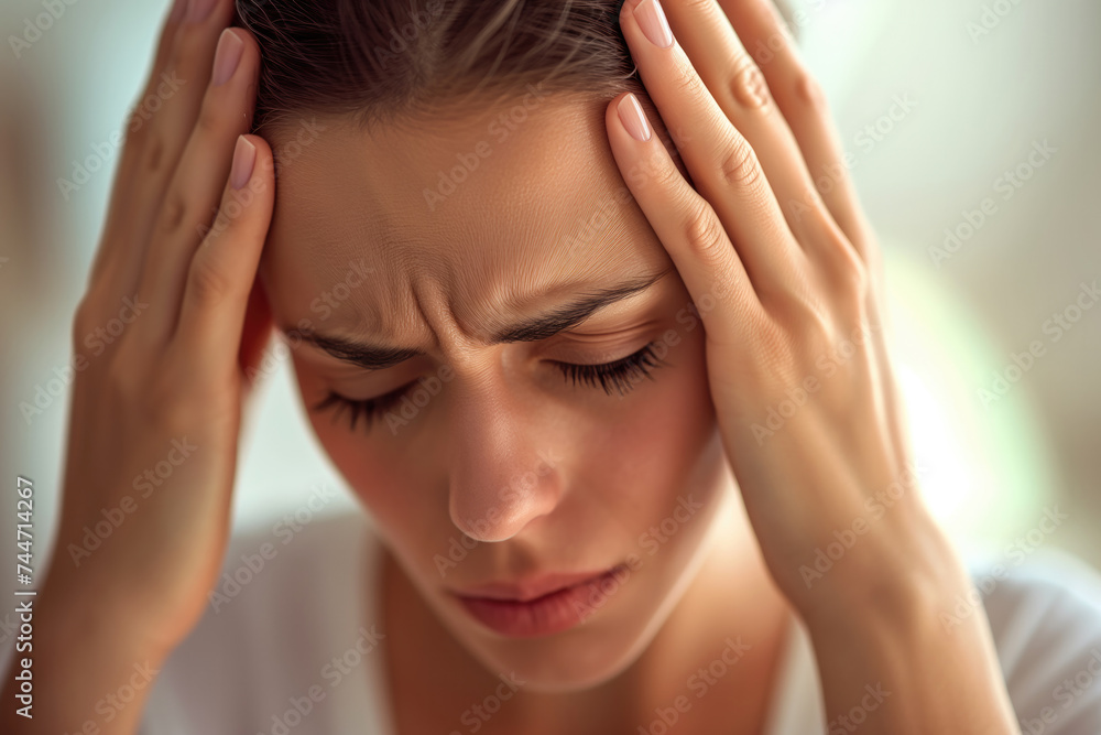 Woman with hands on her head showing signs of severe headache or migraine, a relevant image for medical health care, patient symptom documentation, and educational use in pain management. High quality Woman with hands on her head showing signs of severe headache or migraine, a relevant image for medical health care, patient symptom documentation, and educational use in pain management. High quality