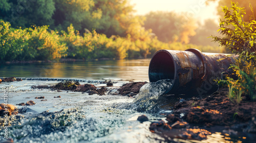 Draining wastewater from a pipe into a river, polluting rivers. Environmental pollution concept, ecological disaster