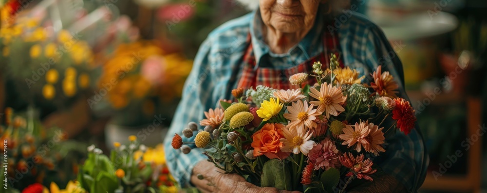 With a heartwarming smile, an elderly woman lovingly arranges a colorful array of flowers, infusing her cozy home with vibrancy and warmth.
