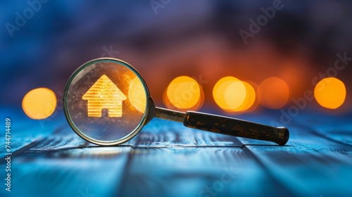 Searching for a new home  magnifying glass near residential building in rental housing market photo