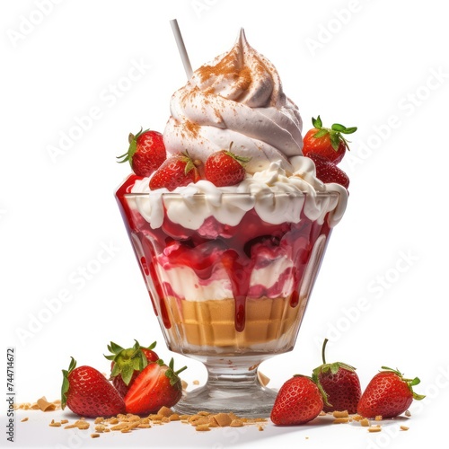 Realistic Vanilla Sundae with Strawberry Sauce on White Background photo