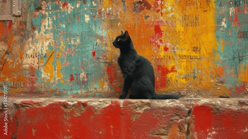 Black Cat Sitting on Red Wall, A Black Cat Resting Against a Colorful Wall, The Cat's Eyes are Fixed on the Camera, A Black Cat in Front of a Vibrant Painted Wall. photo