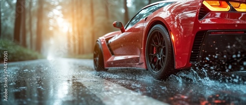 Red Sports Car on Rainy Road, Racing Red Car in the Rain, Wet Road with a Red Sports Car, Driving in the Rain with a Red Sports Car.