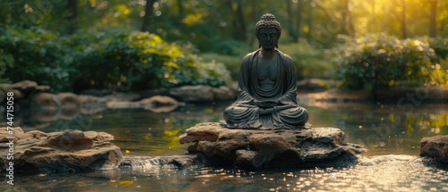 Buddha's Meditation, Serene Reflections, Zen Garden Oasis, Tranquil Buddha Statue. © Wall