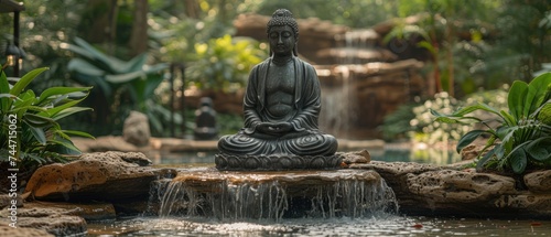 Zen Garden with Waterfall and Buddha Statue, Serene Outdoor Space Featuring a Fountain and Buddha Sculpture, Peaceful Backyard Oasis with Waterfall, Pond, and Buddha Statue, 