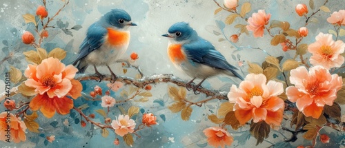 Two birds perched on a branch, A serene scene of two bluebirds sitting on a tree limb, Birds in the blossoms, an artistic representation
