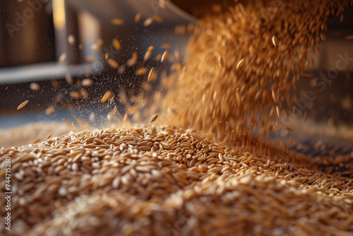 Wheat grains being poured in bulk, illustrating concepts of food logistics, cereal commodity markets, and agricultural economics for use in industry reports and educational texts. High quality photo