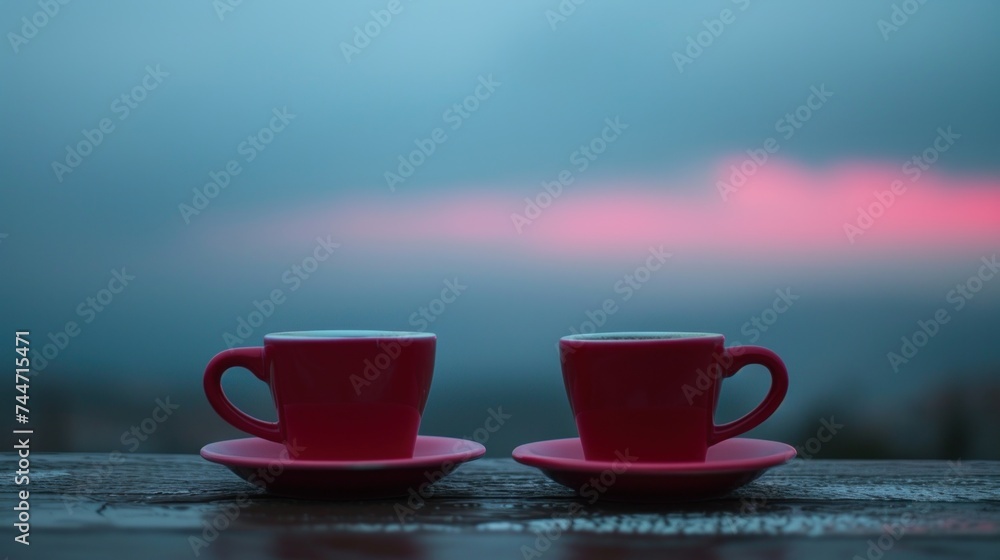 Obraz premium a couple of red cups sitting on top of a saucer next to each other on top of a wooden table.