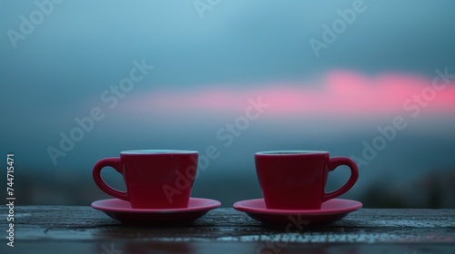 a couple of red cups sitting on top of a saucer next to each other on top of a wooden table.
