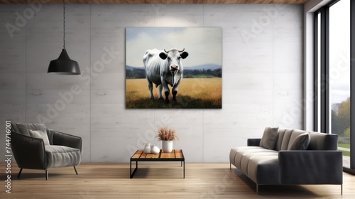 a living room with a couch, chair, and painting of a cow in the middle of the room on the wall. © Anna