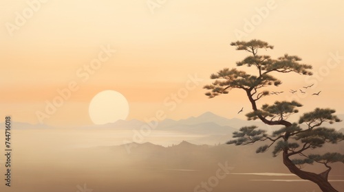 a painting of a tree in the foreground and a sunset in the background with birds flying in the sky.