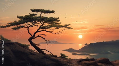 the sun is setting over the ocean with a tree in the foreground and a bird flying in the distance.