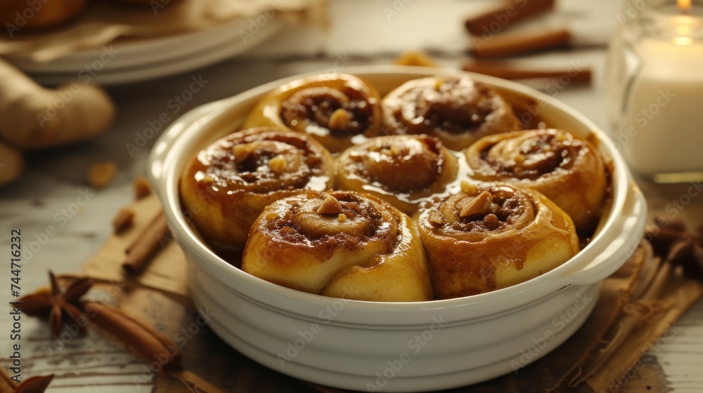 a white bowl filled with cinnamon rolls sitting on top of a wooden cutting board next to a glass of milk. a white bowl filled with cinnamon rolls sitting on top of a wooden cutting board next to a glass of milk.